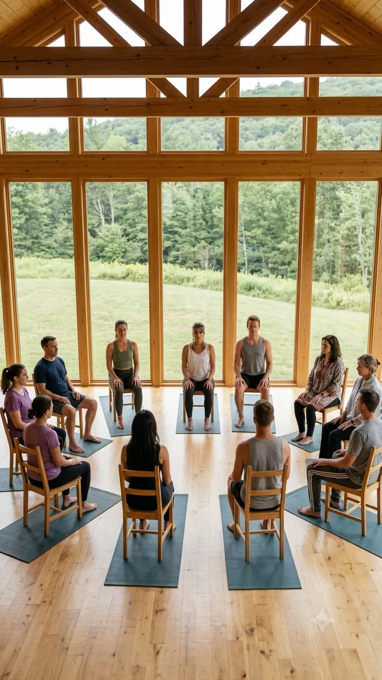 A group seated in a circle on mats in a light-filled timber room looking onto greenery