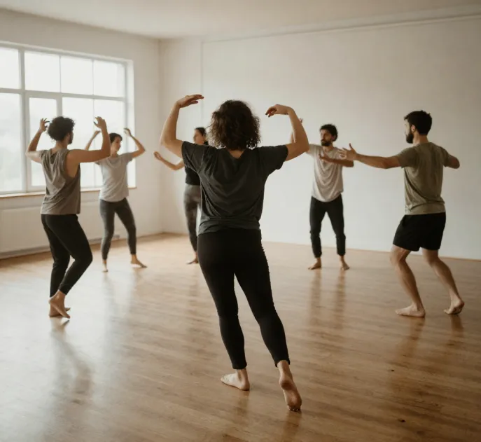 A small group dancing barefoot in a sunlit studio