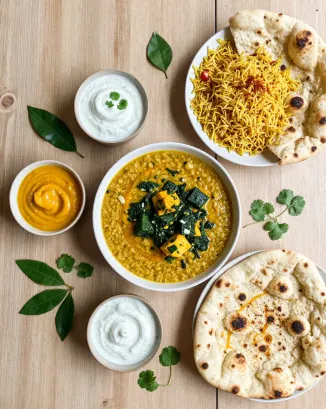 Indian-inspired vegetarian dishes — dahl, naan and condiments on a shared table