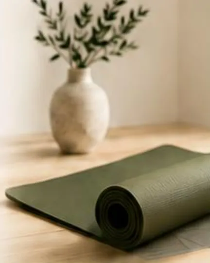 A rolled Pilates mat on a timber floor