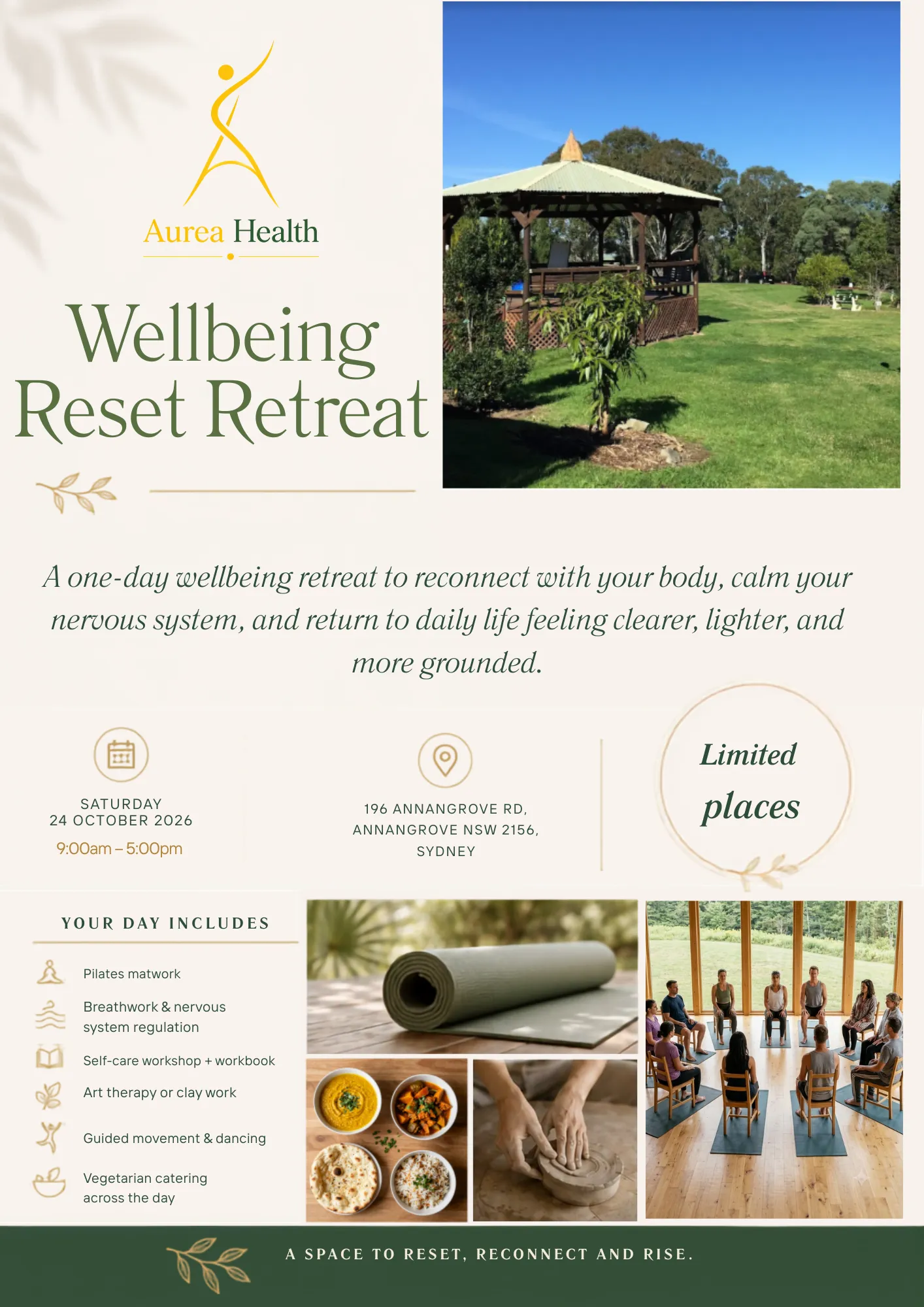 Wellbeing Reset Retreat — Saturday 24 October 2026, 9am–5pm, 196 Annangrove Rd, Annangrove NSW. Pilates matwork, breathwork, self-care workshop, art therapy or clay work, guided movement and vegetarian catering. Limited places.
